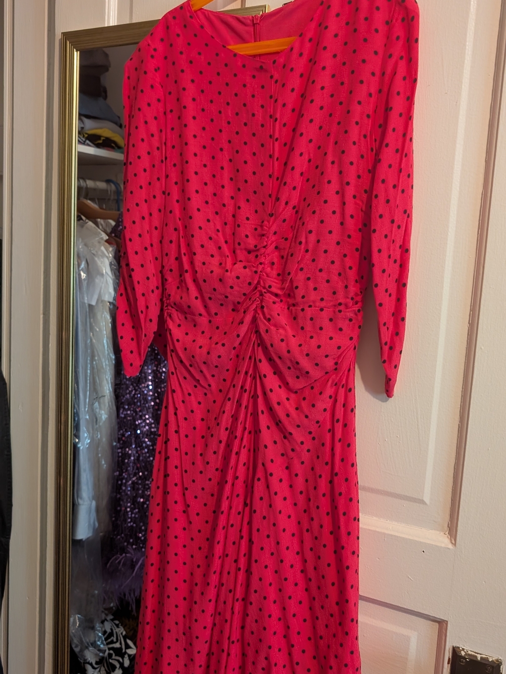 Zara Hot Pink Polka Dot Ruched Midi Dress